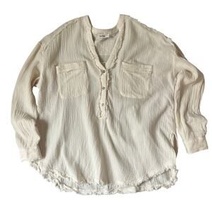 In Loom Womens Small Blouse Cotton Gauze Henley Lagenlook Cream Oversized